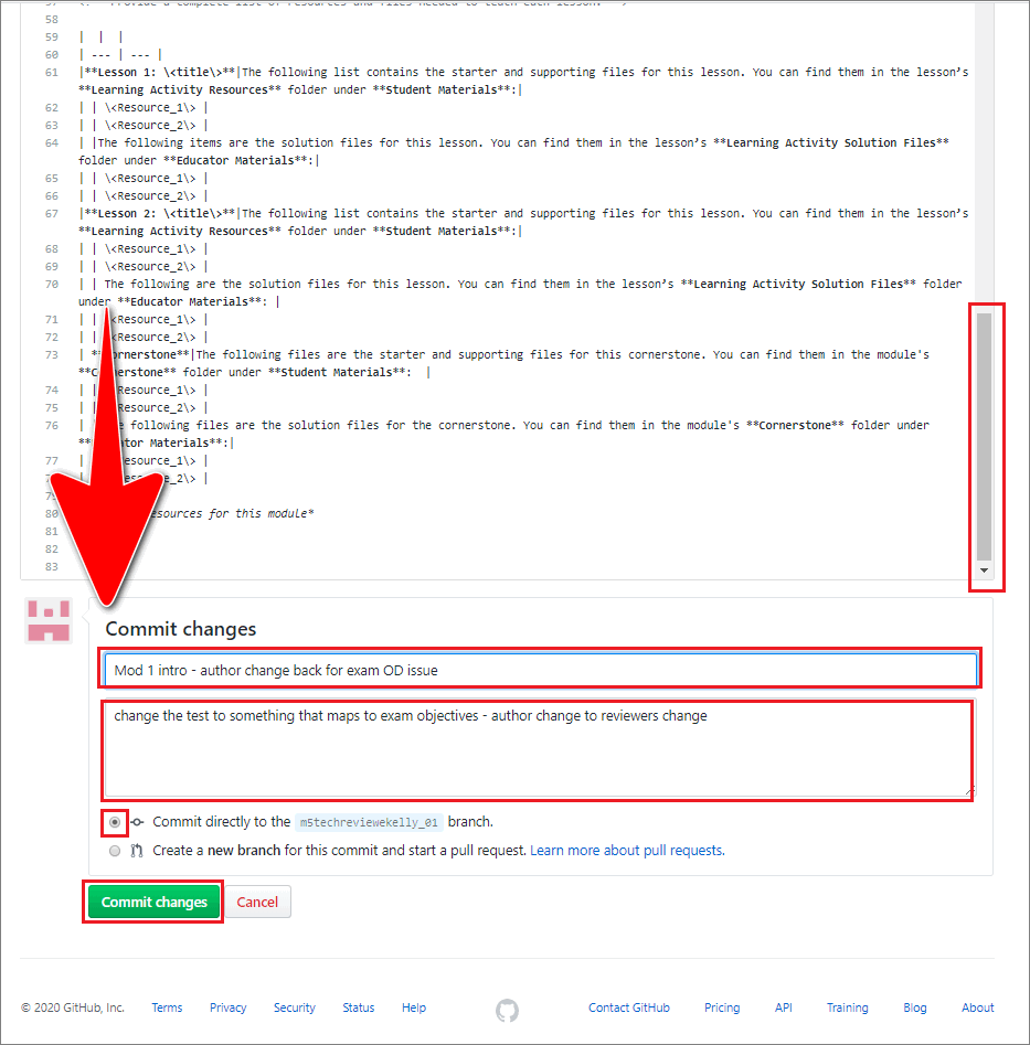 GitHub editor 'commit changes' button