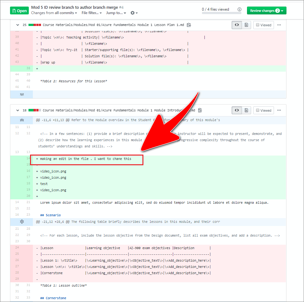 GitHub editor with changes made to an opened file