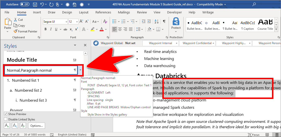 Example 'Normal/Paragraph normal' style in Microsoft Word