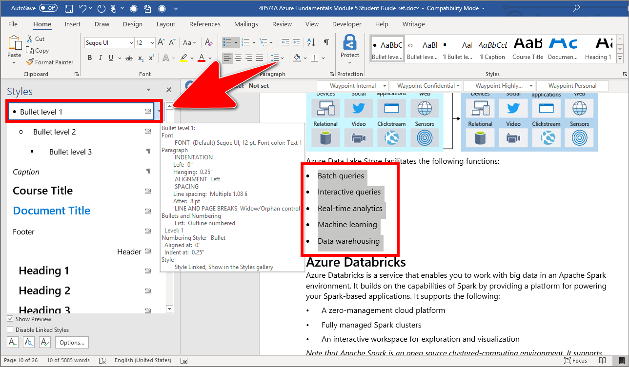 Example bullet list style in Microsoft Word