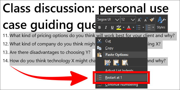 Example of restarting the number sequence used in a numbered list in Microsoft Word