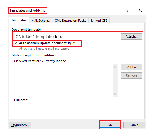 The 'Templates and Add-ins' dialogue box in Microsoft Word