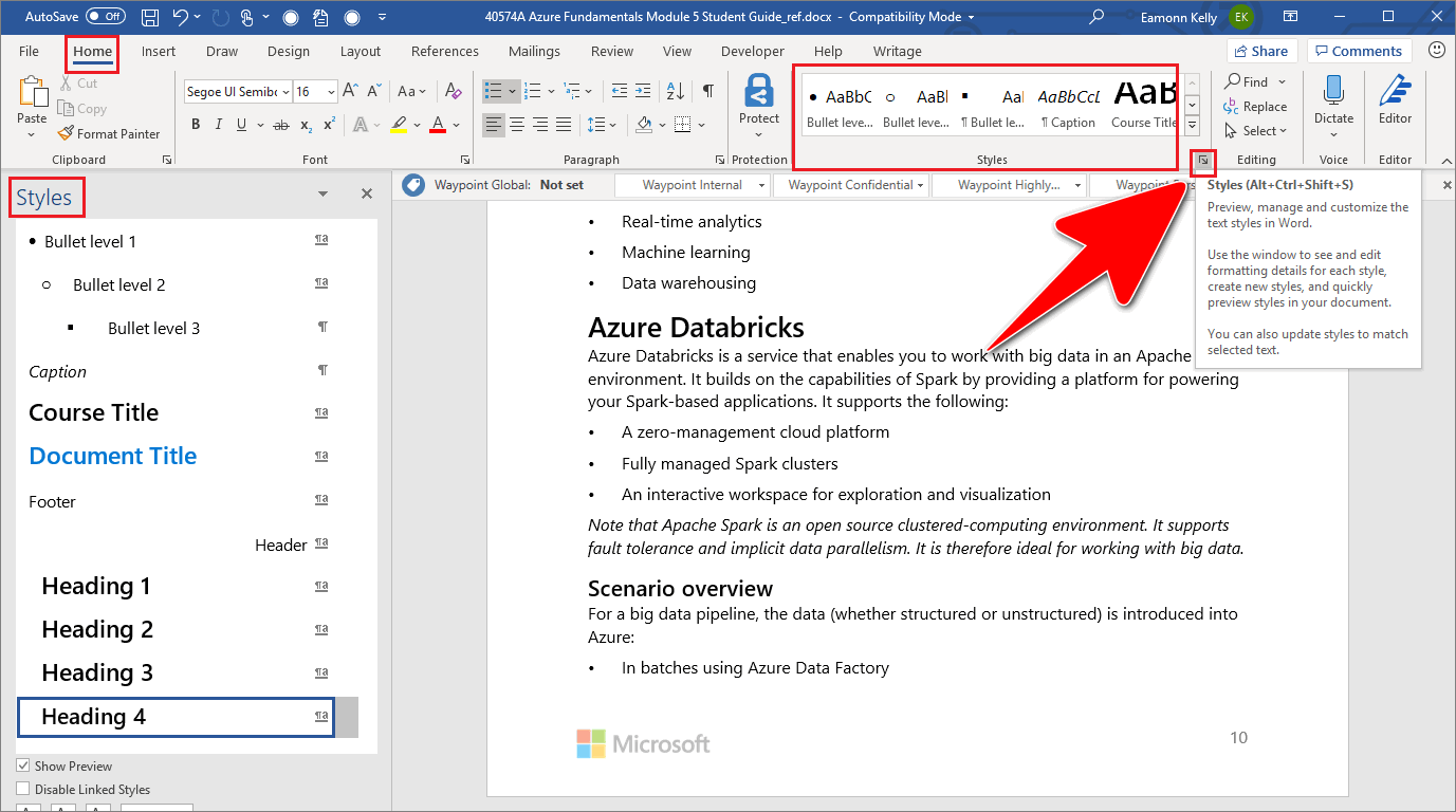 Options for opening the 'Styles' panel in Microsoft Word