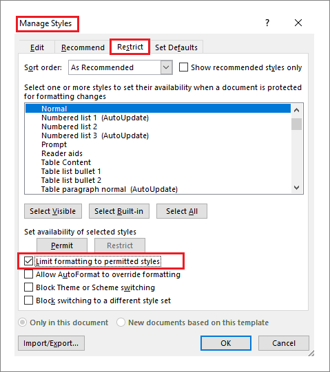 The 'Manage Styles' dialogue box in Microsoft Word