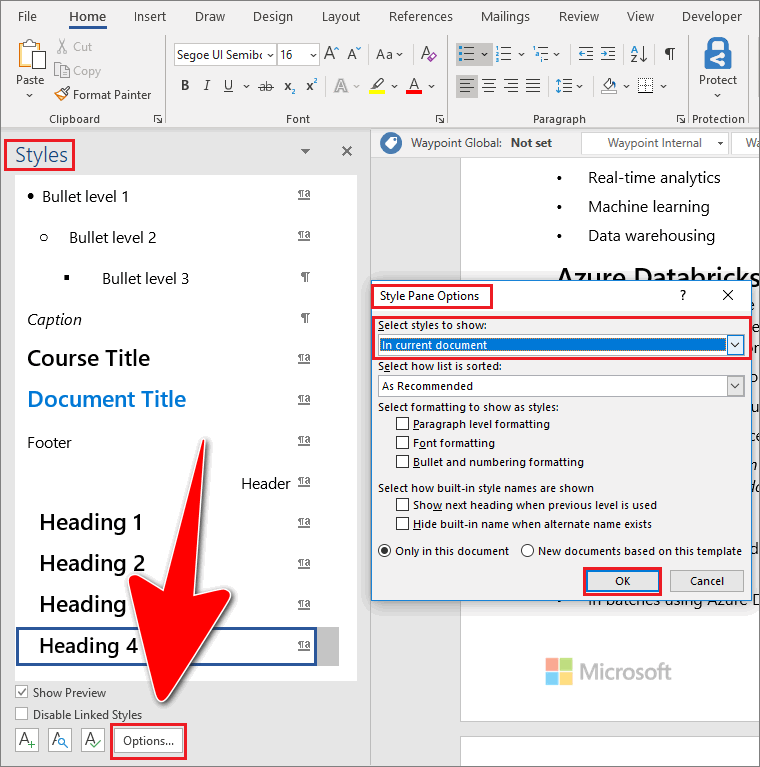 The 'Style Pane Options' dialogue box in Microsoft Word