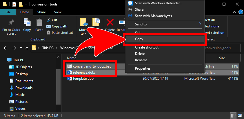 The 'copy to clipboard' menu option in Windows explorer