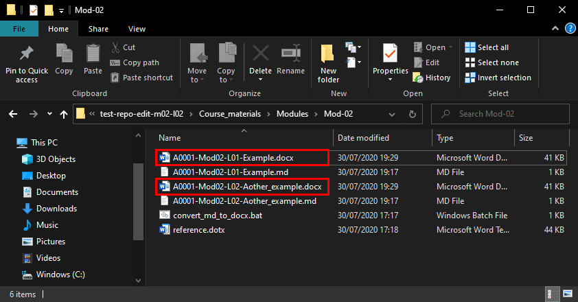 Example markdown files and converted Word documents in a directory in Windows explorer