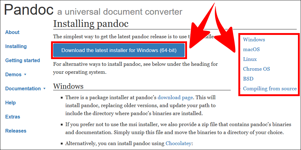 The download Pandoc webpage