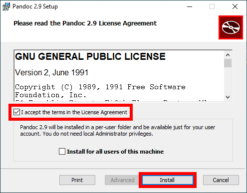 The Pandoc installer licence agreement checkbox