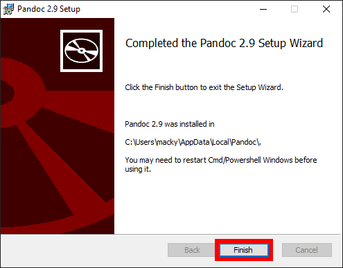 Pandoc installation completed message